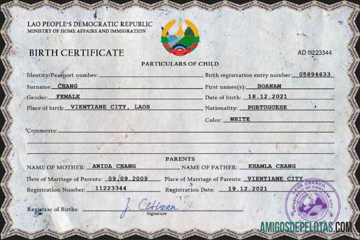 Realista modelo PSD de certidão de nascimento do Laos